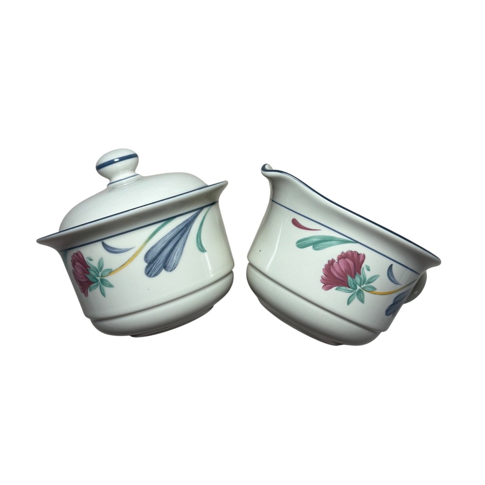Lenox Poppies on Blue Creamer and Sugar Bowl Set USA Cottagecore Farmhouse